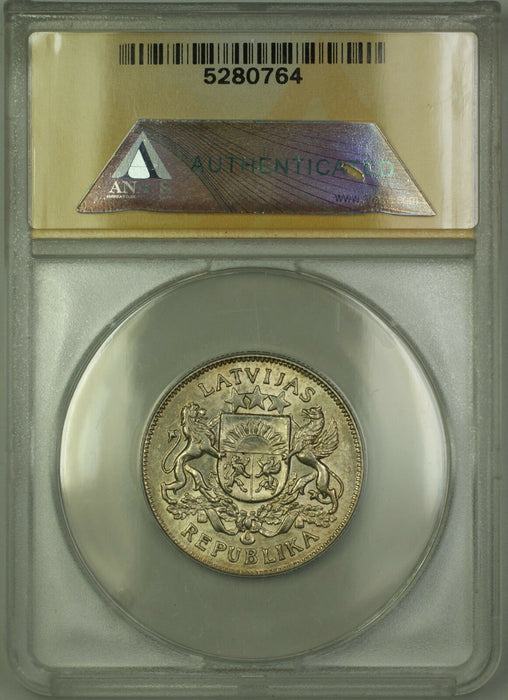 1925 Latvia 2 Lati Silver Coin ANACS AU-50