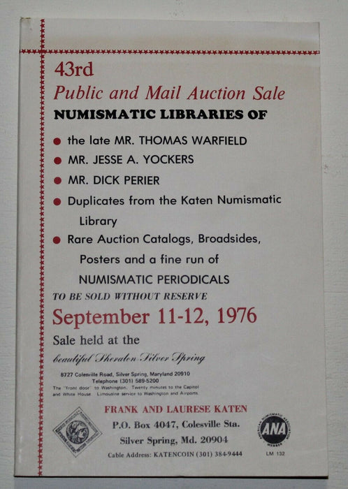 43rd Public & Mail Auction Catalog Sept 11,12 1976 Frank & Lourese Katen WW17D