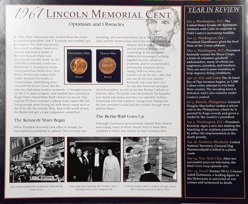 1961 Lincoln Cent / The Years Historic Events on Informative Card - See Photos