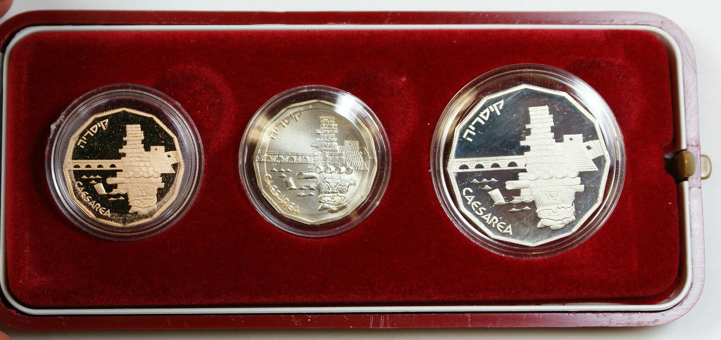1988 Israel Caesarea 3 Coin Set, Silver & Gold, Proofs + BU, 1/2, 1, 5 Sheqalim