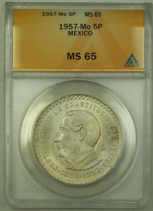 1957 Mo Mexico 5 Peso Coin ANACS MS 65