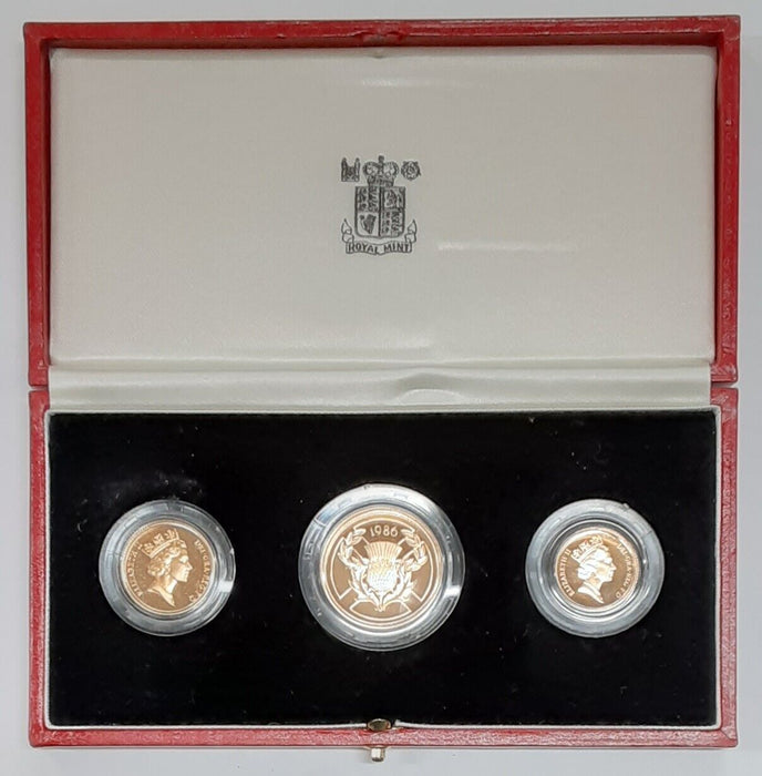 1986 United Kingdom UK Royal Mint 3 Coin Gold Proof Set with Case and COA