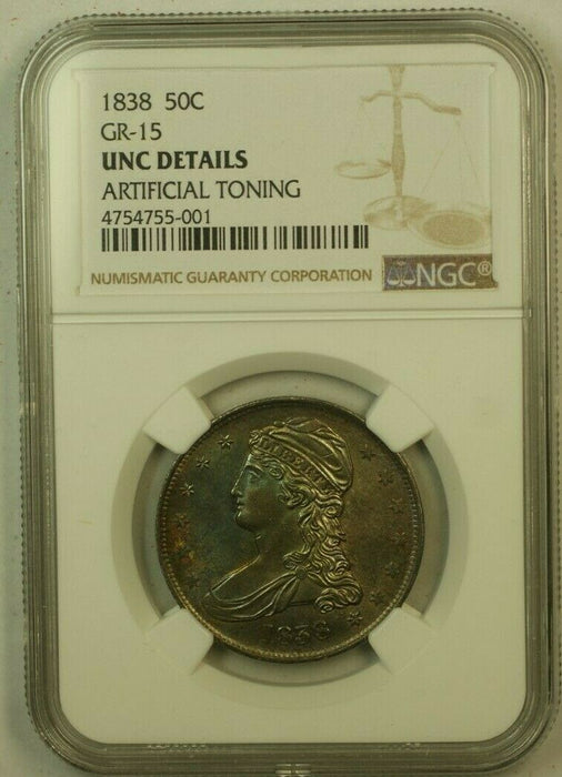 1838 Capped Bust Half Dollar Type 3 50c GR-15 NGC Unc Details Artificial Toning