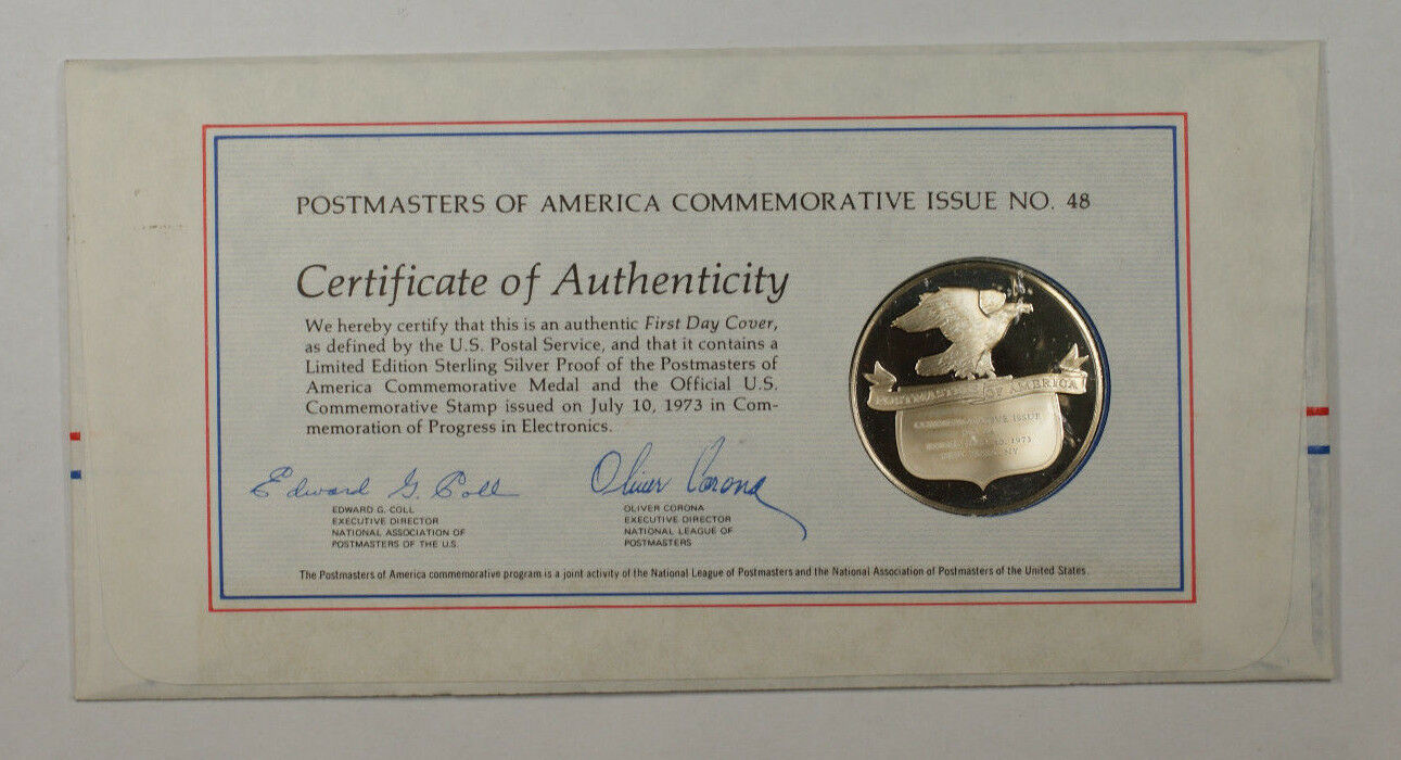 1973 Postmasters Of America Commemorative Silver Medal Progress In Eletronics