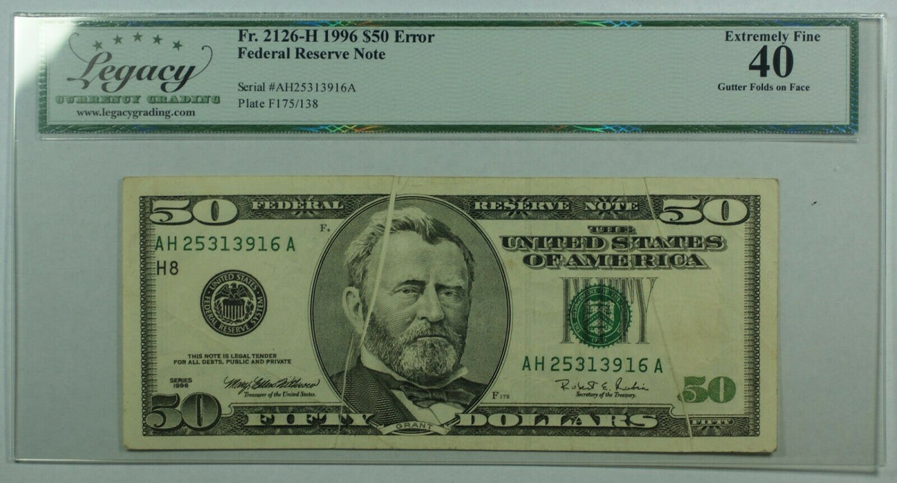Series 1996 $50 Dollar FRN Gutter Fold Error Note Legacy Extra Fine 40