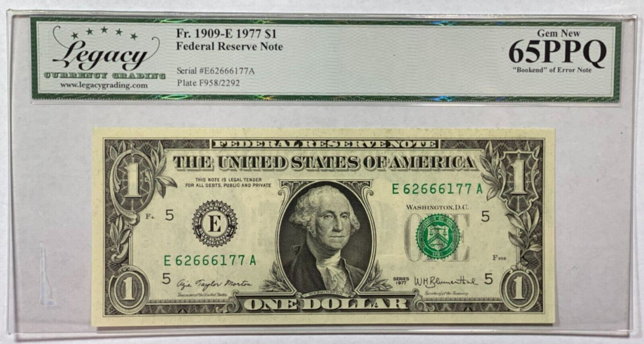 1977 $1 ERROR Overprint on Back Note FRN w/Bookend Notes Fr. 1909-E Legacy 58PPQ