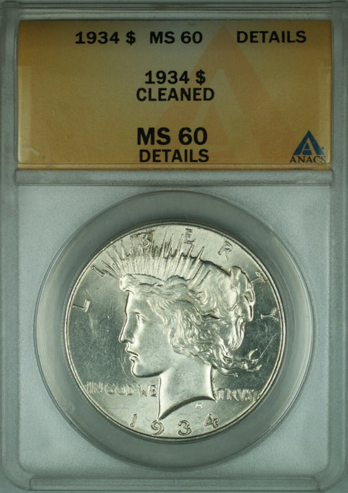 1934 Peace Silver Dollar $1 Coin ANACS MS-60 Details Cleaned (30)