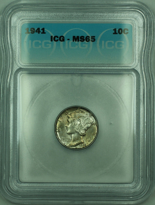 1941 Mercury Silver Dime 10c Coin ICG MS-65 Toned (B)