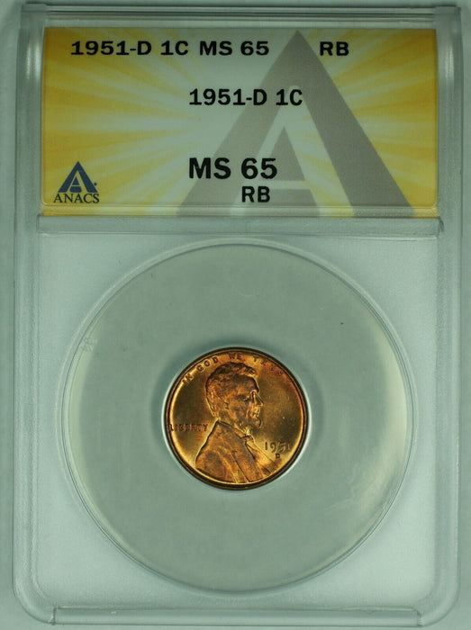 1951-D Lincoln Wheat Cent 1C Coin ANACS MS 65 RB (32) B