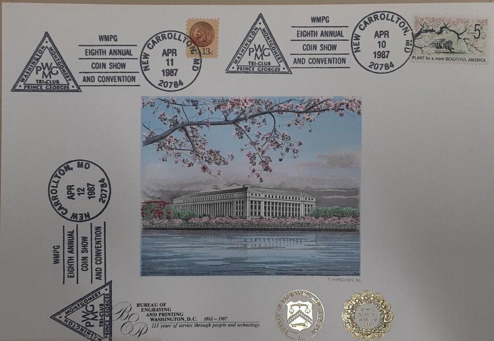 BEP 125th Souvenir Card 1987 WMPG Cherry Blossoms/BEP Triple Canceled B-101C