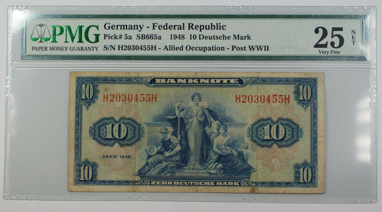 1948 Germany - Fed Rep 10 Deutsche Mark Note Pick# 5a PMG 25 Very Fine Stained