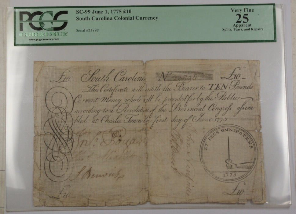 1775 10 Pounds South Carolina Colonial Currency Note SC-99 PCGS VF-25 Apparent