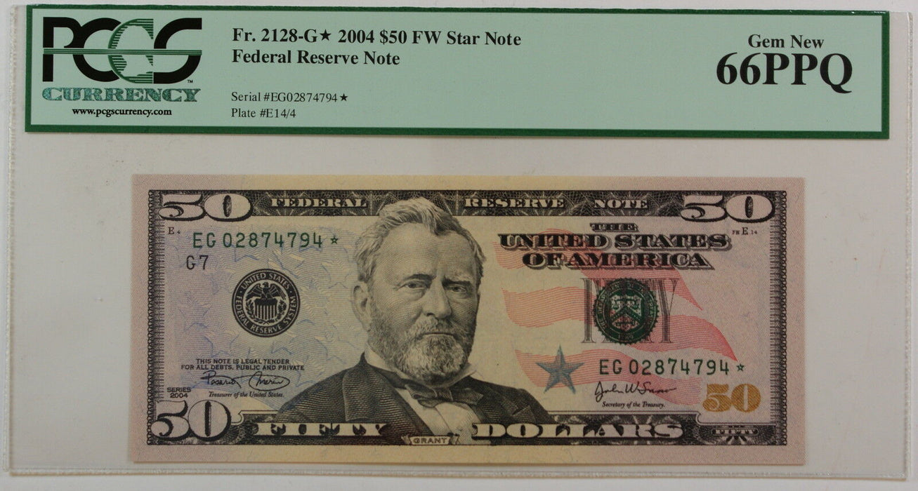 2004 $50 FRN *EG-Star* fw Note, PCGS Gem 66 PPQ, Fr. 2128-G*, Federal Reserve