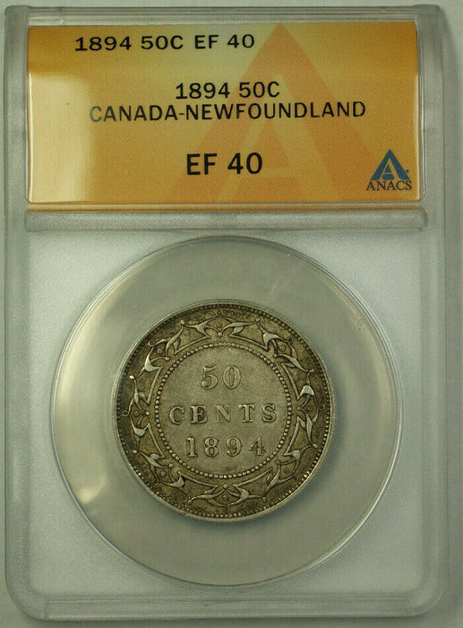 1894 Canada Newfoundland 50 Cents Half Dollar Silver Coin ANACS EF-40