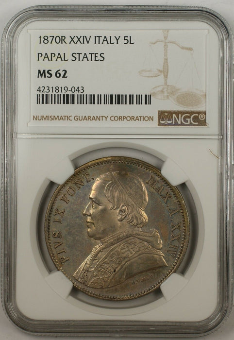 1870-R XXIV Italy 5 Lire Silver Coin Papal States NGC MS-62