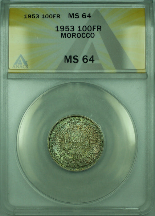 1953 100FR Morocco ANACS MS 64 Toned 100 Francs Silver Coin Y#52