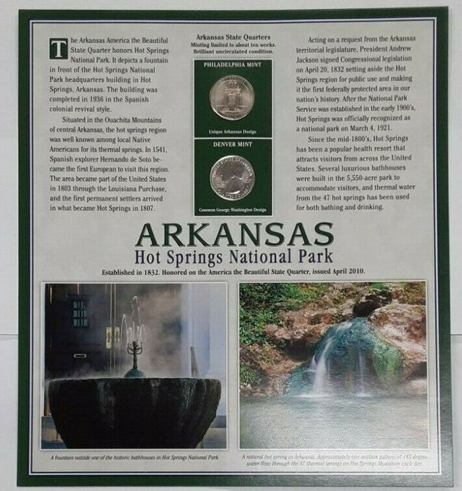 2010 Arkansas Hot Springs National Park Quarter P&D w/2 Stamps on Display Card