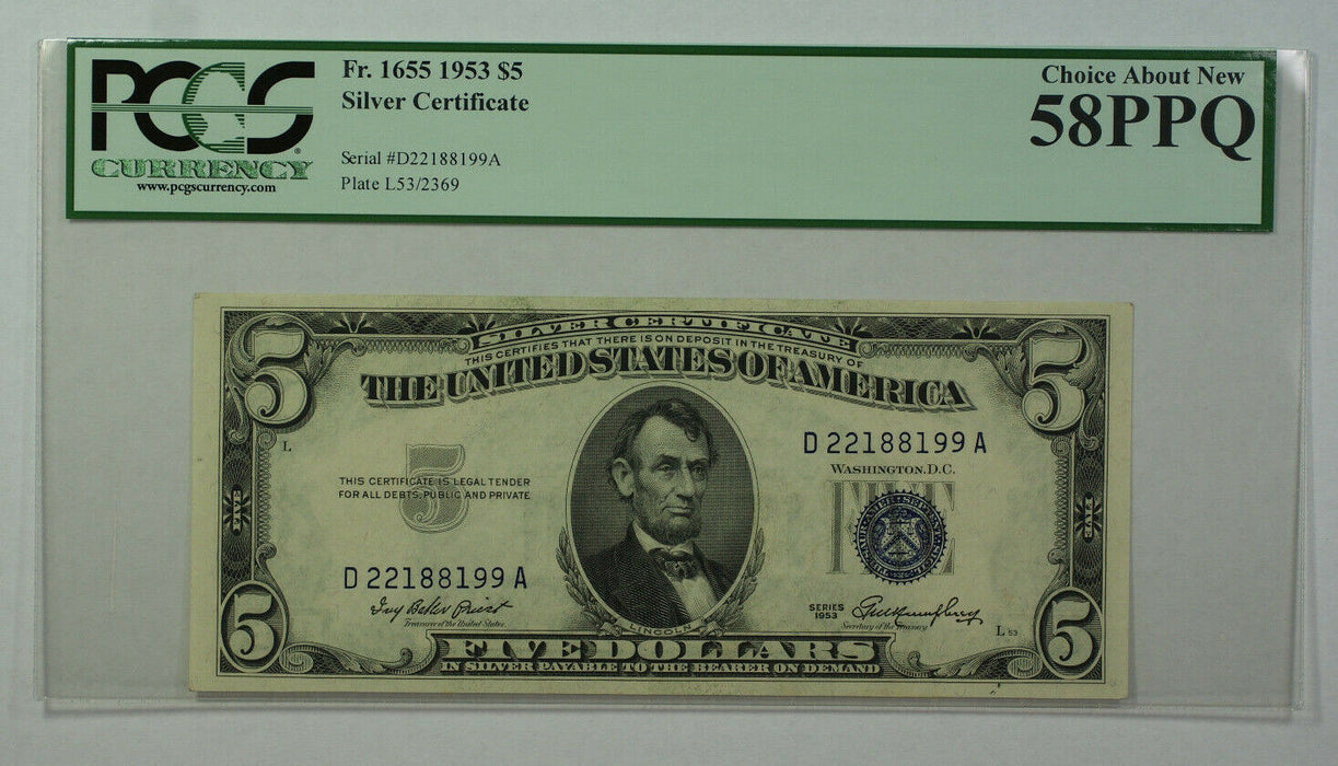 1953 $5 Bill Silver Certificate Note Currency PCGS 58PPQ Fr. 1655 (C)