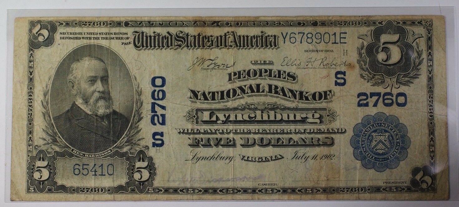 US $5 National Banknote Series of 1902 Lynchburg Virginia Charter #S2760 V Fine