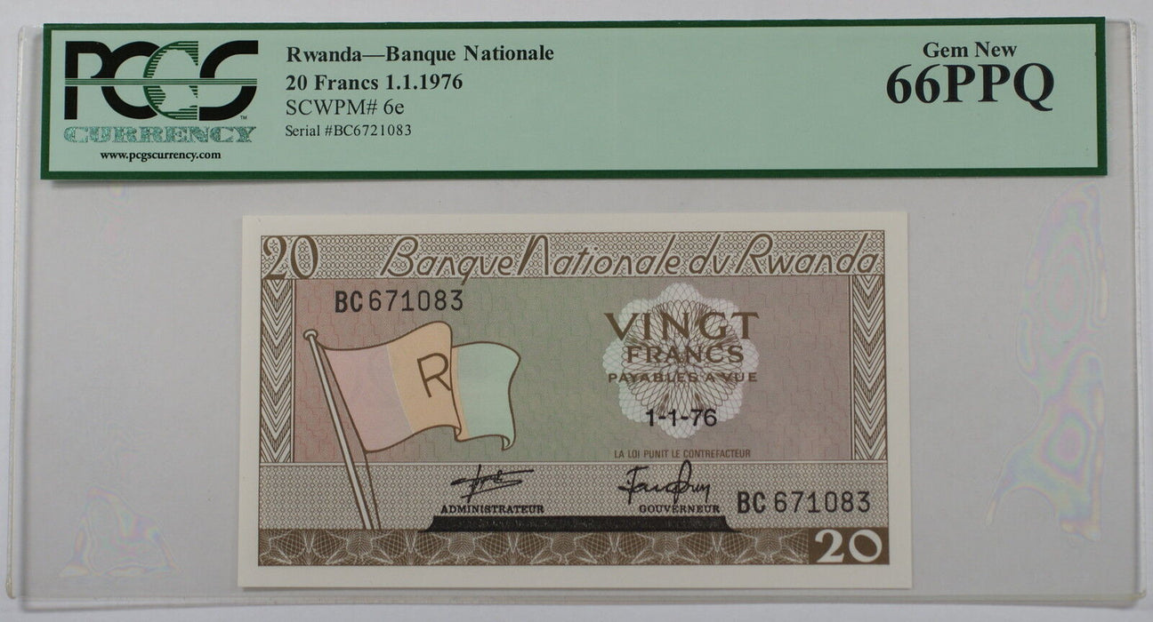 1.1.1976 Rwanda Banque Nationale 20 Francs Note SCWPM# 6e PCGS 66 PPQ Gem New