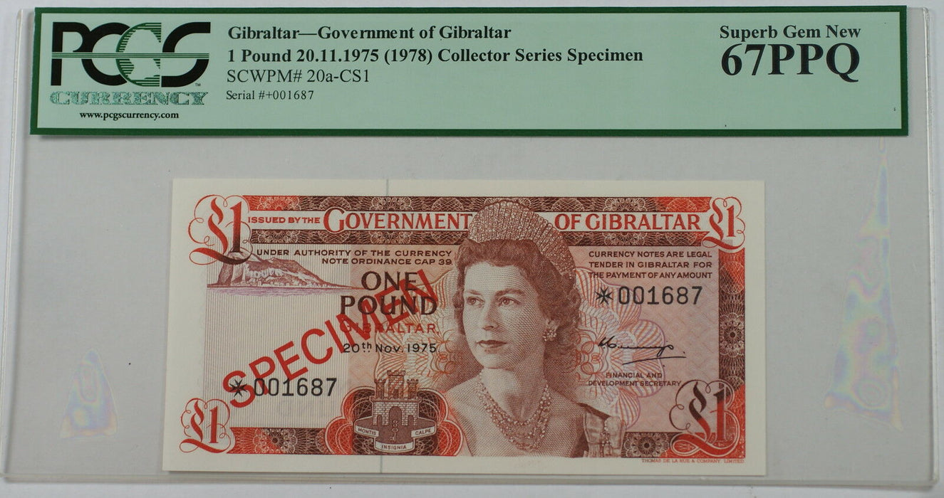 1975(1978) Gibraltar 1 Pound Specimen Note SCWPM# 20a-CS1 PCGS 67 PPQ Superb Gem