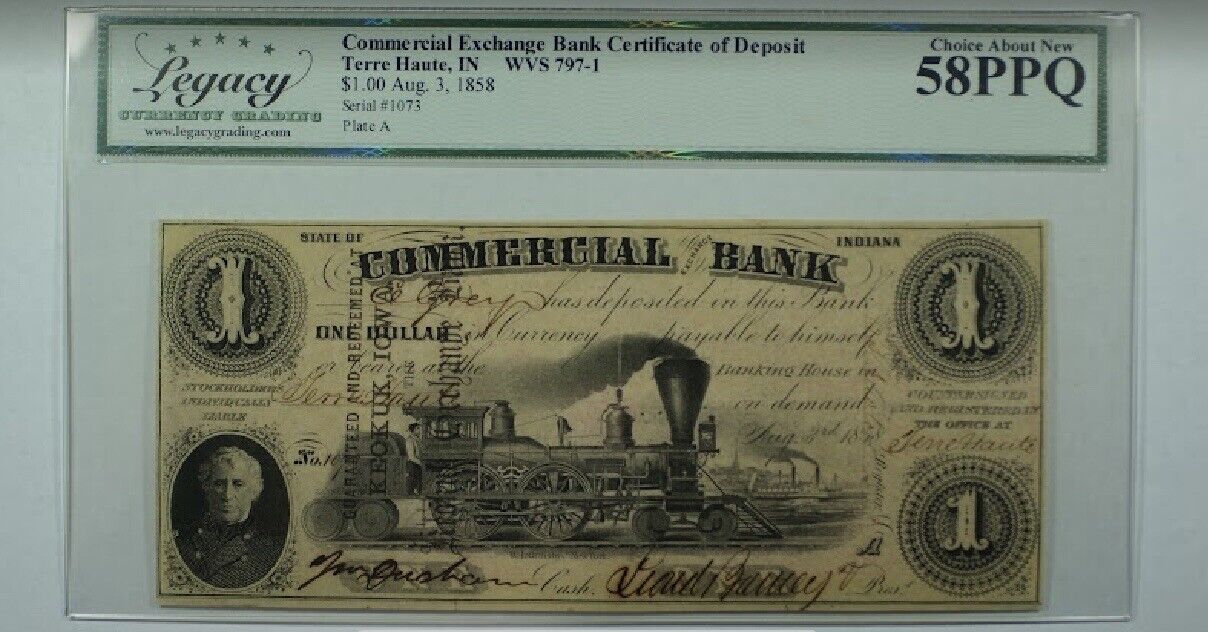 1858 $1 Comm Exchange Bank Cert Of Deposit, WVS 797-1 Legacy AU 58 PPQ