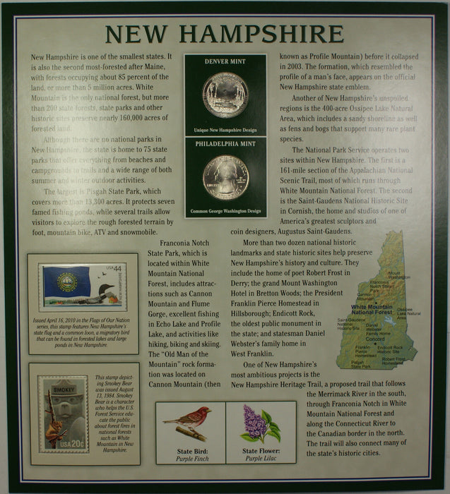 2013 New Hampshire White Mountain Forest Quarter P&D w/ 2 Stamps Display Card