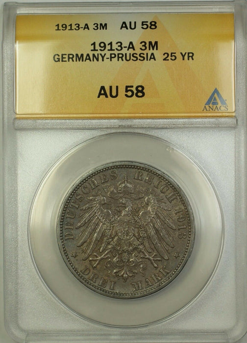 1913-A Germany-Prussia Silver 3M Three Marks Coin ANACS AU-58