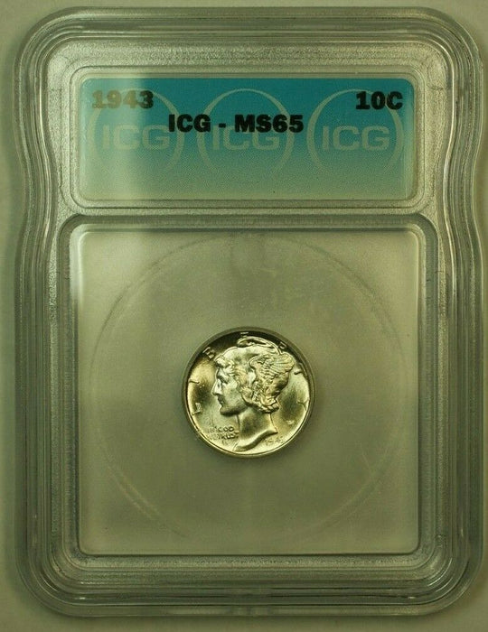 1943 Silver Mercury Dime 10c Coin ICG MS-65 GG