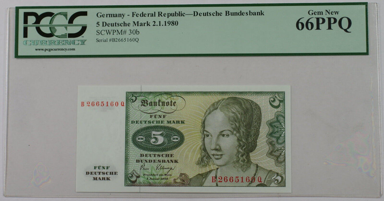 1980 Germany Federal Republic 5 Deutsche Mark Note SCWPM# 30b PCGS 66 PPQ Gem