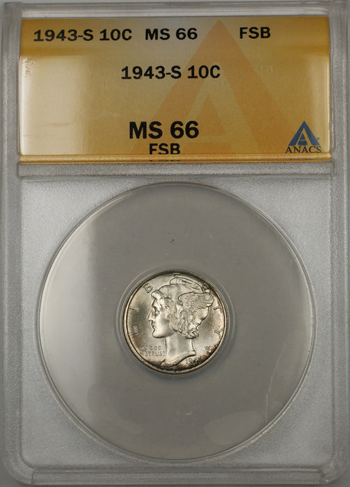 1943-S Silver Mercury Dime 10C ANACS MS-66 Full Split Bands (Light Toning 11 A)