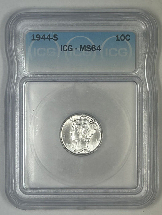 1944-S Mercury Silver Dime 10c Coin ICG MS 64 (Near FB) (54) D