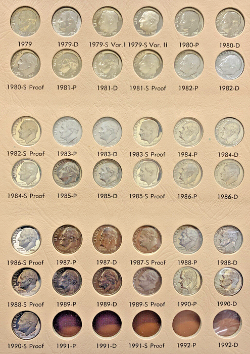 1946-1990 Roosevelt Dime Toned Silver/Clad & Proof UNC Set-Dansco Coin Album (S)