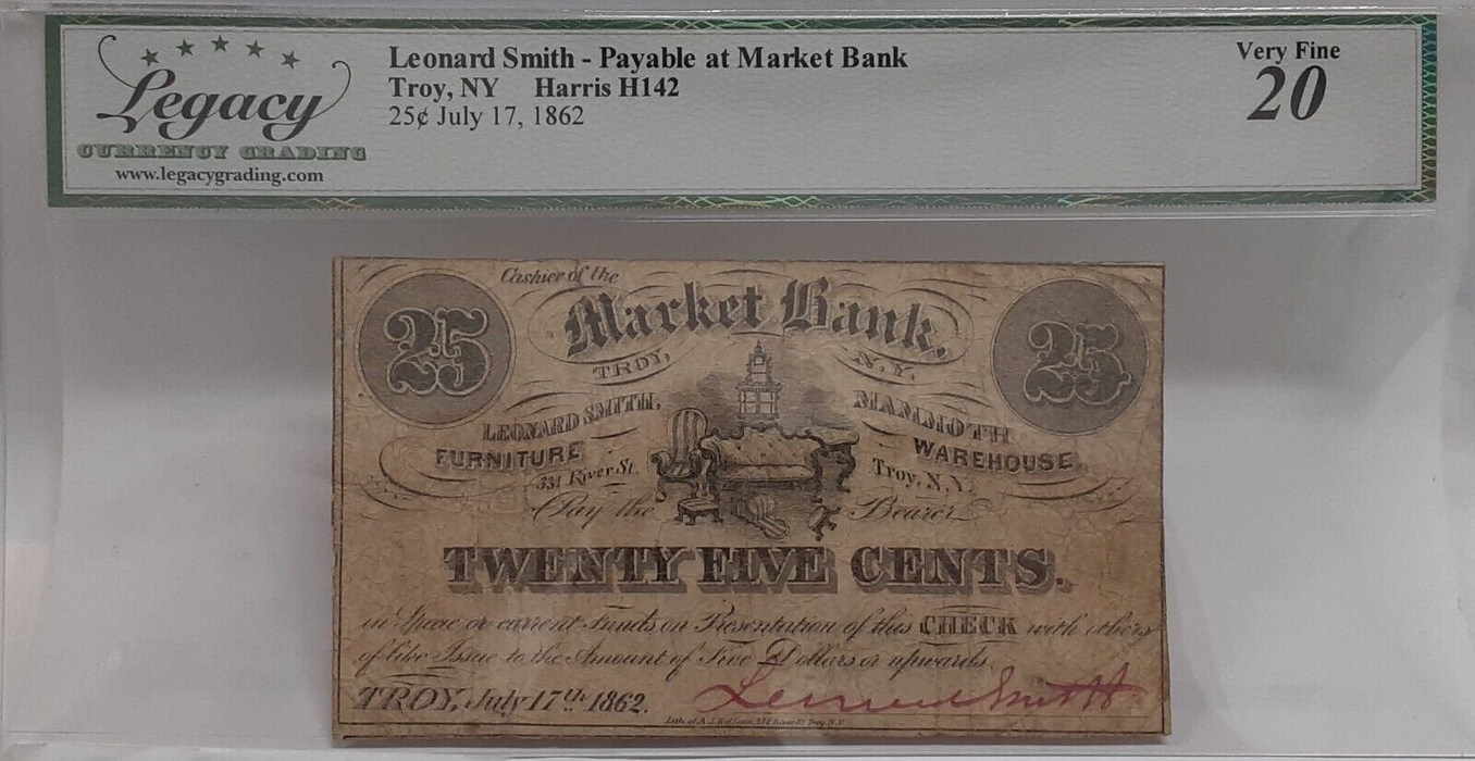 July 17, 1862 Issue L. Smith/Market Bank Troy, NY 25C Note  Legacy VF-20 w/Comm
