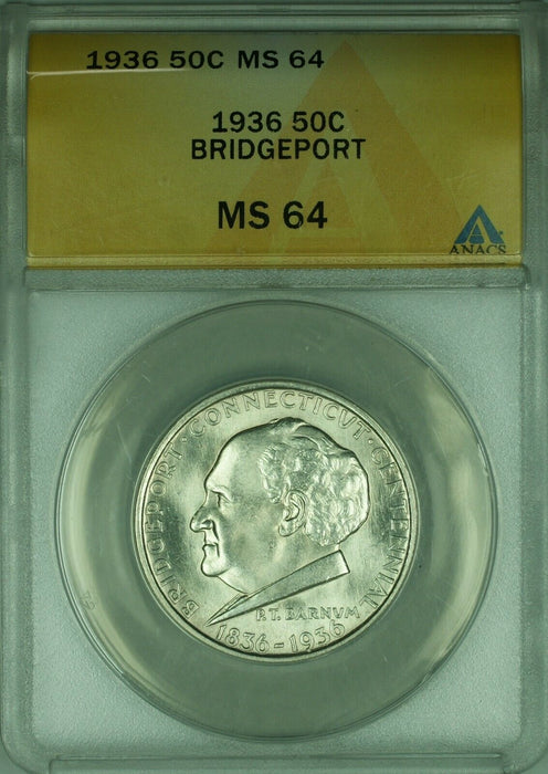 1936 Bridgeport Commemorative Silver Half Dollar ANACS MS 64 Better Coin
