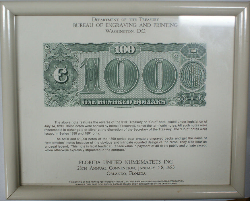 Framed FUN Souvenir Card 1983 BEP B 59 $100 "Watermelon" Treasury Note Reverse