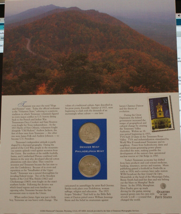 Tennessee 2002 P&D Quarter for Anniversery of Statehood Bonus Stamp