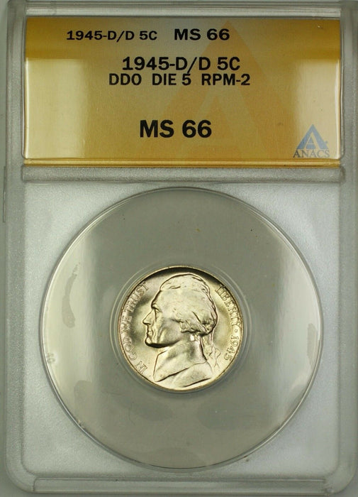 1945-D/D RPM-2 DDO DIE 5 Wartime Silver Jefferson Nickel 5c Coin ANACS MS-66 (D)