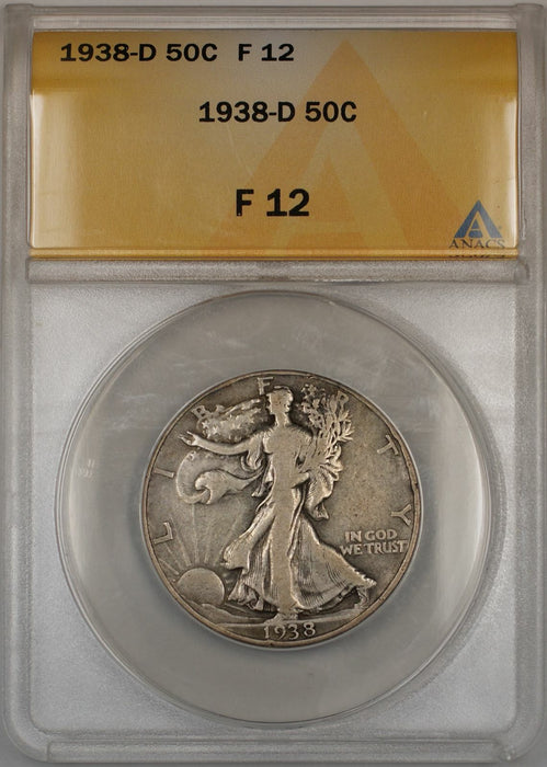 1938-D Walking Liberty Half Dollar Coin 50C ANACS F 12 A