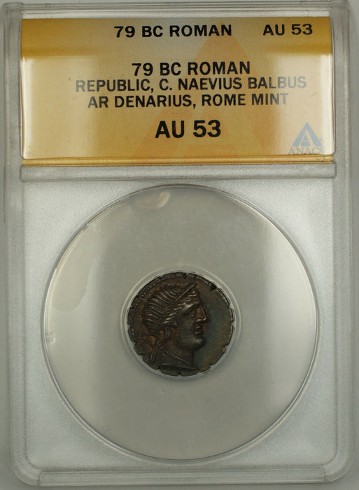 79 BC Ancient Roman Denarius Silver Coin Rome C Naevius Balbes ANACS AU-53 AKR