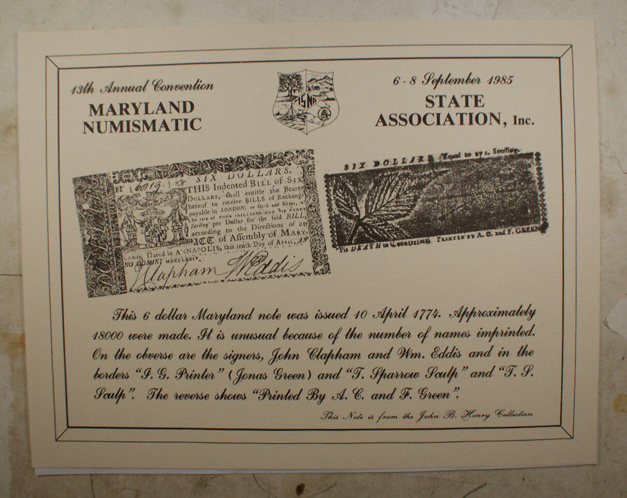MSNA Souvenir Card 1985 Maryland Colonial Banknote 6$ 1774