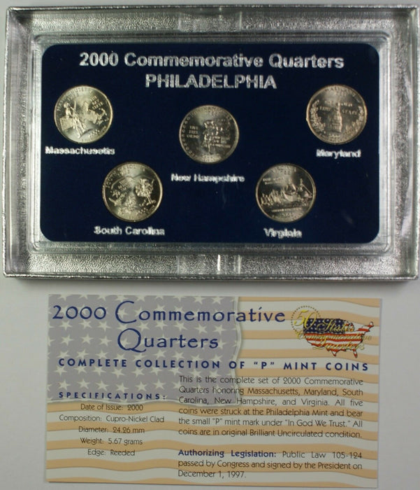 2000 Commemorative Quarters Set 5 Coins Total in Case W/ COA Philadelphia Mint