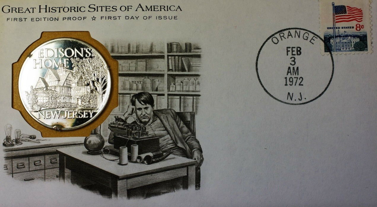 1972 Edison's Home NJ Great Historic Sites Medal Proof Silver First Day Cover