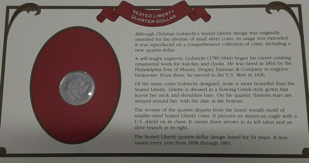 Historic Liberty Coins 1853 Seated Liberty Quarter W/Stamp in Information Card