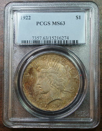 1922 Peace Silver Dollar Coin, PCGS MS-63 *TONED*