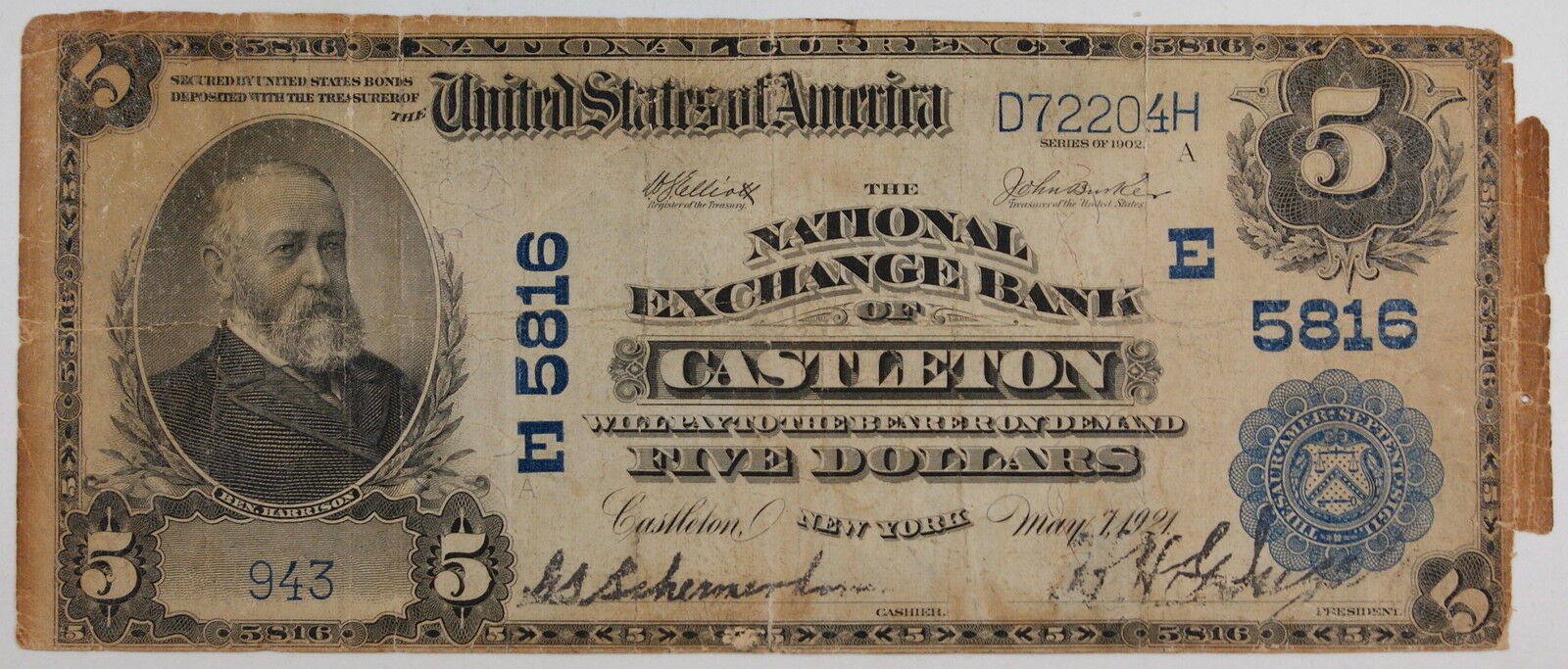 Series 1902 $5 National Currency Note, Castleton NY, E 5816
