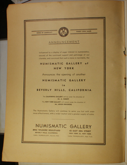 1948 Numismatic Gallery US Gold Coins & Territorial Gold Public Auction Catalog