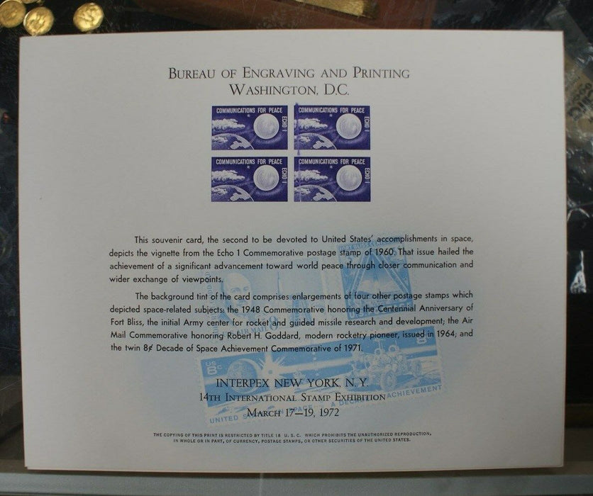 BEP souvenir card B 16 Interpex 1972 1960 4¢ Echo I stamp