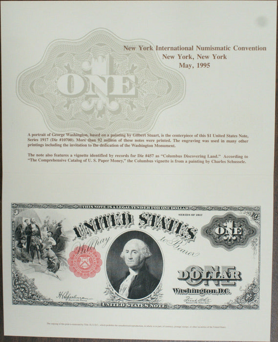 BEP 1995 B-195 NYINC 1917 $1 George Washington Legal Tender Face