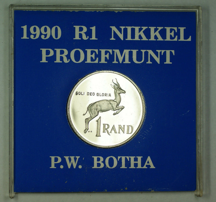 1990 South Africa 1 Rand Nickel Proof Coin in Plastic Case